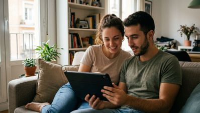 Pareja sentada en un sofá mirando una tableta en un salón luminoso.