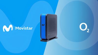 Router con tecnología Wi-Fi 7 flanqueado por los logotipos de Movistar y O2 sobre un fondo azul con formas orgánicas.