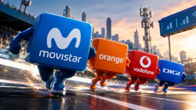 Personajes con forma de cubo representando a Movistar, Orange, Vodafone y DIGI corriendo en una pista de atletismo.