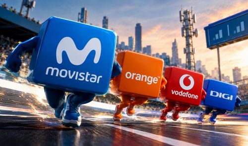 Personajes con forma de cubo representando a Movistar, Orange, Vodafone y DIGI corriendo en una pista de atletismo.