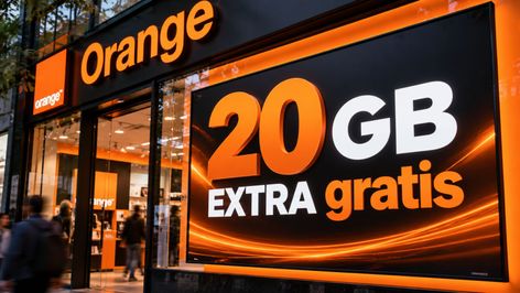 Cartel publicitario en una tienda Orange anunciando una promoción de 20gb extra gratis.