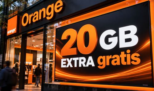 Cartel publicitario en una tienda Orange anunciando una promoción de 20gb extra gratis.