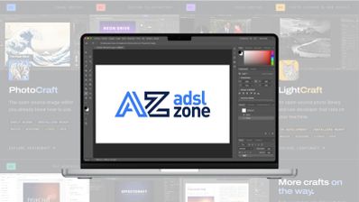 Interfaz de la aplicación de edición fotográfica PhotoCraft abierta en un ordenador portátil mostrando herramientas de diseño y un lienzo en blanco.