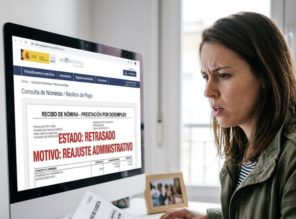 Mujer con expresión de preocupación frente a una pantalla de ordenador que muestra un aviso de retraso en la prestación por desempleo del SEPE.