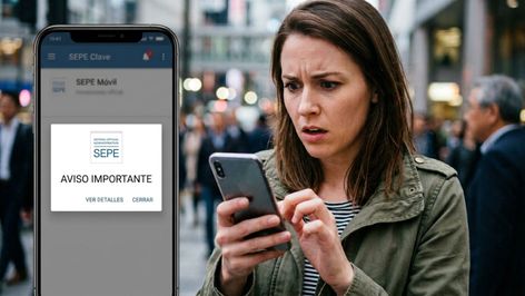 Mujer con expresión de preocupación mirando su teléfono móvil junto a una captura de la aplicación SEPE Móvil con un aviso importante.