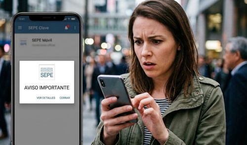 Mujer con expresión de preocupación mirando su teléfono móvil junto a una captura de la aplicación SEPE Móvil con un aviso importante.