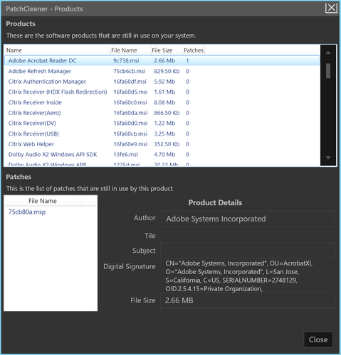 Interfaz de la herramienta PatchCleaner mostrando una lista de programas instalados y sus archivos MSI asociados.