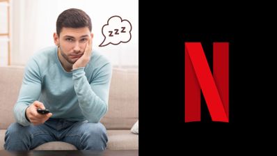 Hombre sentado en un sofá con expresión de aburrimiento sosteniendo un mando a distancia junto al logotipo de Netflix.