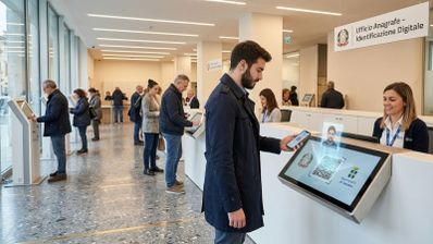 Hombre utilizando un terminal táctil en una oficina pública para realizar un proceso de identificación digital.