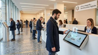Hombre utilizando un terminal táctil en una oficina pública para realizar un proceso de identificación digital.
