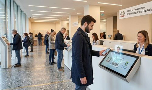 Hombre utilizando un terminal táctil en una oficina pública para realizar un proceso de identificación digital.