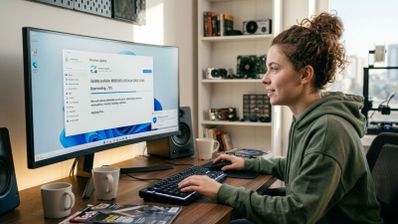 Mujer joven sentada frente a un monitor curvo descargando una actualización del sistema operativo en su escritorio.