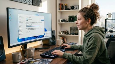Mujer joven sentada frente a un monitor curvo descargando una actualización del sistema operativo en su escritorio.