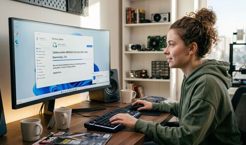 Mujer joven sentada frente a un monitor curvo descargando una actualización del sistema operativo en su escritorio.