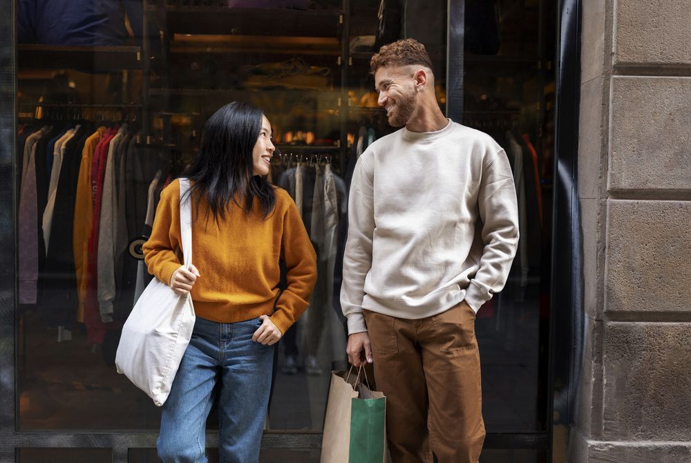 Pareja sonriendo frente al escaparate de una tienda de ropa con bolsas de la compra.