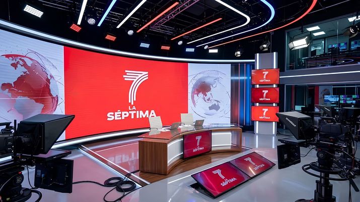 Estudio de televisión de La Séptima con gran pantalla curva roja, mesa central y cámaras de producción.