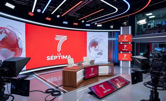 Estudio de televisión de La Séptima con gran pantalla curva roja, mesa central y cámaras de producción.