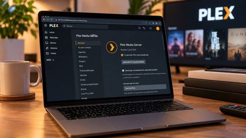 Panel de configuración de Plex Media Server abierto en un ordenador portátil sobre una mesa de madera.