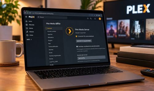 Panel de configuración de Plex Media Server abierto en un ordenador portátil sobre una mesa de madera.