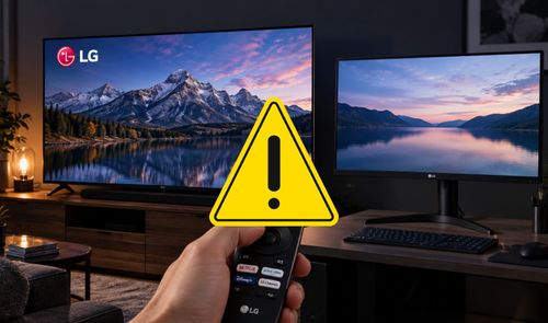 Mano sujetando un mando a distancia frente a un televisor y un monitor LG con un icono de advertencia superpuesto.