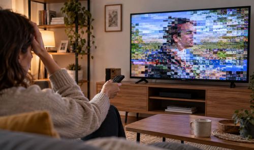 Mujer sentada en el sofá con el mando a distancia frente a una televisión con interferencias y píxeles en pantalla.