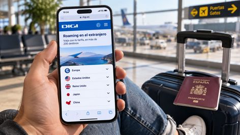 Mano sosteniendo un teléfono móvil con la página de roaming de DIGI abierta en un aeropuerto.