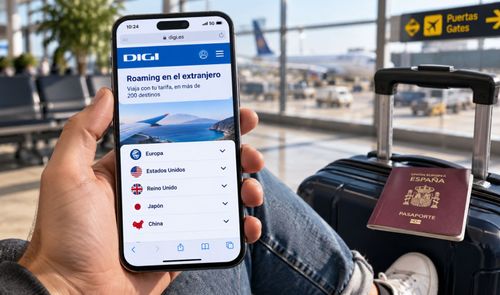 Mano sosteniendo un teléfono móvil con la página de roaming de DIGI abierta en un aeropuerto.