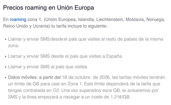 Listado de condiciones de roaming de O2 en la Unión Europea y otros países de la zona 1.