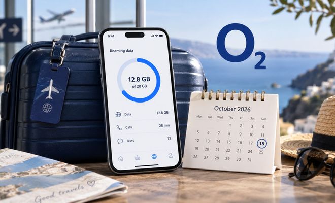 Teléfono móvil mostrando el consumo de datos en roaming junto al logotipo de O2 y un calendario marcado en el 18 de octubre.