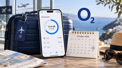 Teléfono móvil mostrando el consumo de datos en roaming junto al logotipo de O2 y un calendario marcado en el 18 de octubre.
