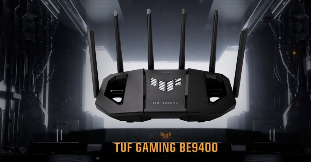 Router inalámbrico ASUS TUF Gaming BE9400 con seis antenas externas y diseño robusto de color negro.