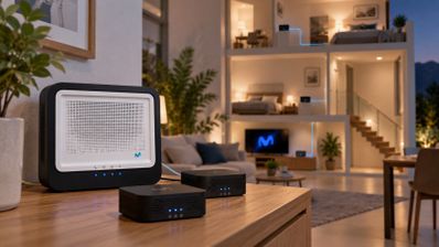 Router principal y dos puntos de acceso FTTR en una mesa de madera con una casa de tres plantas al fondo.