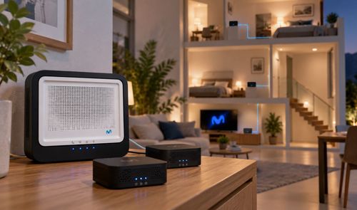 Router principal y dos puntos de acceso FTTR en una mesa de madera con una casa de tres plantas al fondo.