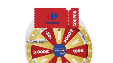 Ilustración de una ruleta de premios y descuentos con el logotipo de Carrefour y El Club Carrefour.