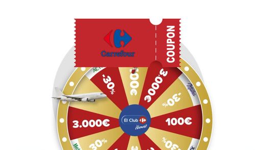 Ilustración de una ruleta de premios y descuentos con el logotipo de Carrefour y El Club Carrefour.