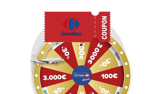 Ilustración de una ruleta de premios y descuentos con el logotipo de Carrefour y El Club Carrefour.