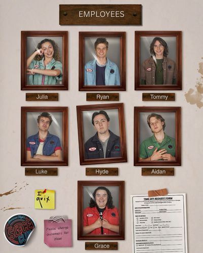 Cuadro de empleados con siete retratos enmarcados bajo el rótulo EMPLOYEES.