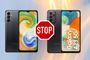 Comparativa visual entre los smartphones Samsung Galaxy A04s y Galaxy A23 5G con una señal de stop entre ambos.