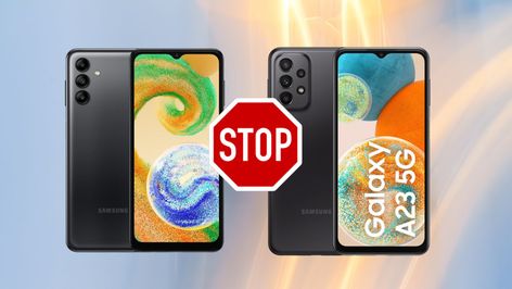 Comparativa visual entre los smartphones Samsung Galaxy A04s y Galaxy A23 5G con una señal de stop entre ambos.