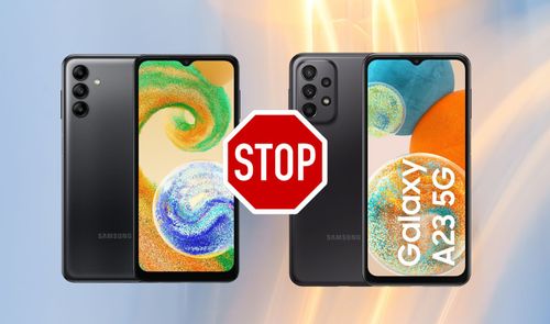 Comparativa visual entre los smartphones Samsung Galaxy A04s y Galaxy A23 5G con una señal de stop entre ambos.