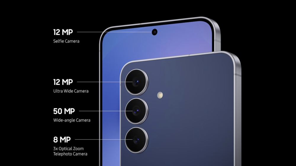Infografía de las cámaras del Samsung Galaxy S25 con las resoluciones de sus sensores traseros y frontal.