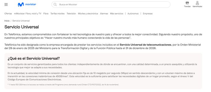 Captura de pantalla de la página web oficial de Movistar detallando las condiciones del Servicio Universal de telecomunicaciones.