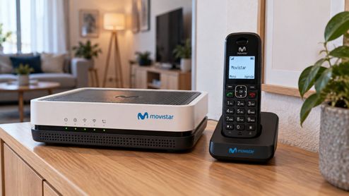Router y teléfono inalámbrico de Movistar sobre un mueble de madera en un salón.