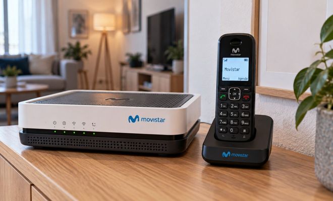 Router y teléfono inalámbrico de Movistar sobre un mueble de madera en un salón.