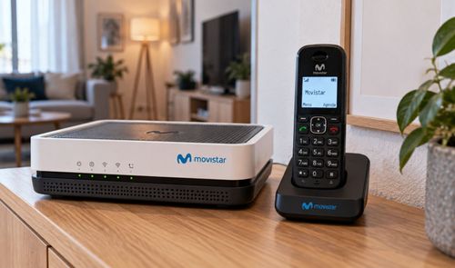 Router y teléfono inalámbrico de Movistar sobre un mueble de madera en un salón.
