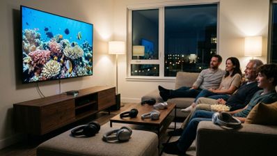 Familia sentada en el sofá viendo un documental marino en una Smart TV de gran formato rodeada de varios auriculares inalámbricos sobre la mesa y el reposapiés.