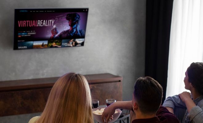 Tres personas de espaldas sentadas frente a una Smart TV colgada en la pared que muestra un menú de realidad virtual.