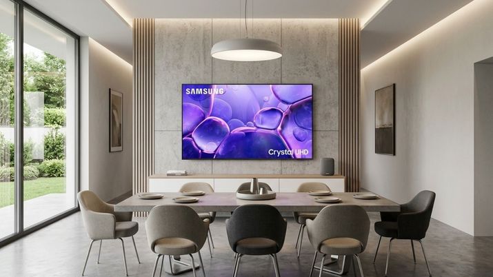 Televisor Samsung Crystal UHD instalado en la pared de un salón comedor moderno con iluminación cálida.