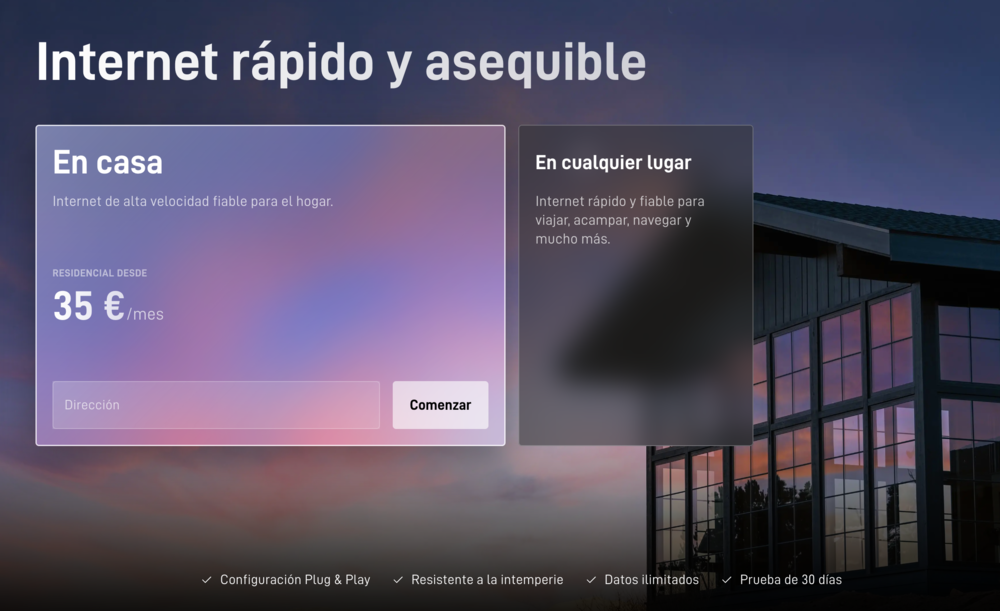 Interfaz de contratación de Starlink con opciones para el hogar y uso en cualquier lugar.
