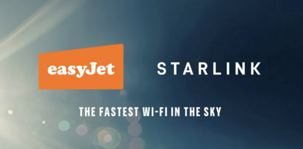 Logotipos de easyJet y Starlink sobre un fondo de cielo azul con el lema The fastest Wi-Fi in the sky.